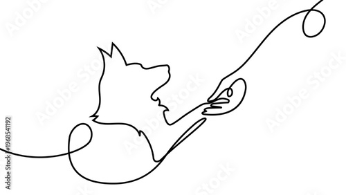 Continuous one line dog drawing art paw illustration pet heart lineart. Dog drawing one line outline print icon veterinary puppy walk footprint running head logo bulldog silhouette background vector.