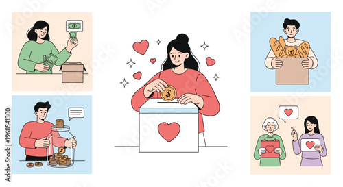 Collection of donation activities showing people giving money, food, and clothes to help those in need for charity.