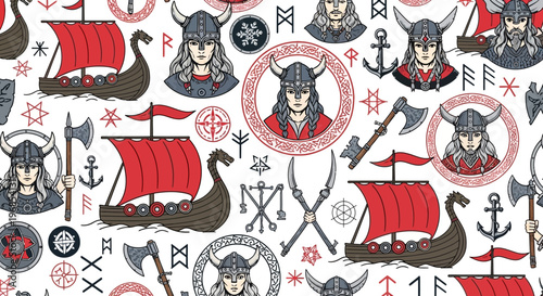 Viking Pattern with Norse Warriors, Longships, Battle Axes and Ancient Runes - Seamless Scandinavian Mythology Background