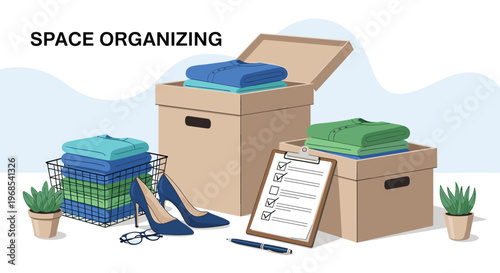 Space organizing concept with boxes filled with folded clothes, a checklist, shoes, and potted plants for home tidying.