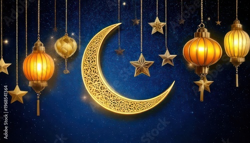 Ramadan Kareem Celebration - Golden Crescent Moon and Lanterns Against a Starry Sky.