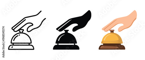 Hand pressing service bell icon set in outline, solid, and color styles vector illustration.