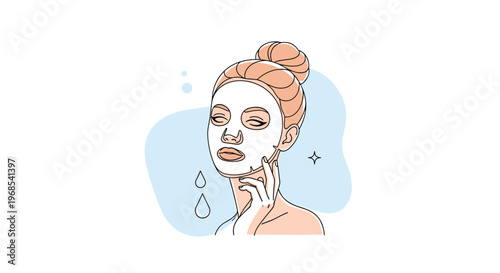 Beauty concept illustration showing a woman wearing a white sheet mask on her face with water drops around.