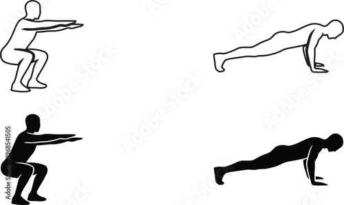 Push Up and Squat Silhouette Set Featuring Male Athlete Performing Strength Training Exercises in Line and Solid Vector Styles