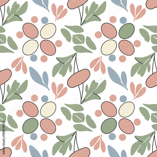 Floral Abstract Pattern with Berries Leaves and Buds