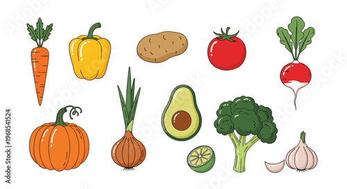 Assortment of fresh vegetable icons including carrots, bell peppers, pumpkins, and broccoli for healthy eating concepts.