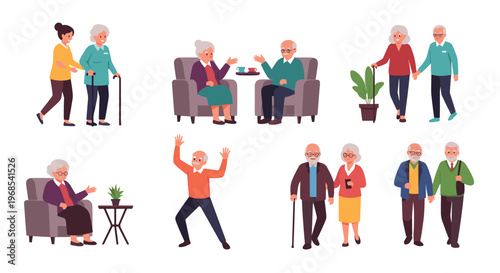 Diverse scenes of elderly people enjoying their lives through walking, talking, and relaxing with companions.
