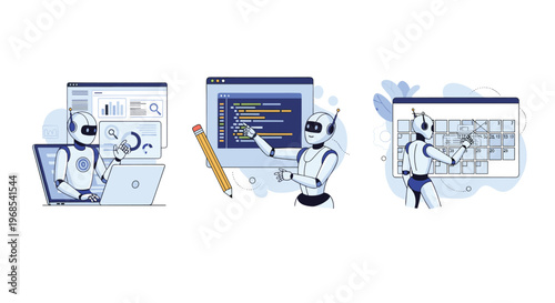 Artificial intelligence robots performing tasks like data analysis, coding, and scheduling on various digital screens.