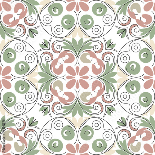 Decorative Floral Pattern with Circular Motifs and Leaf Borders