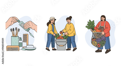 Sustainable lifestyle illustrations showing eco friendly toiletries, home gardening, and shopping with reusable bags.