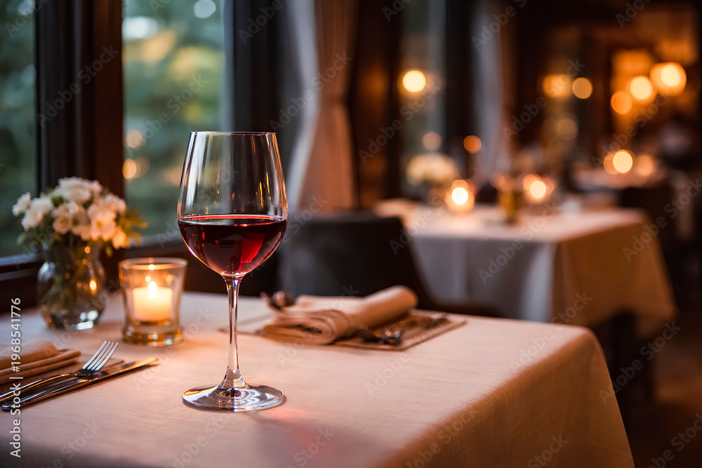 Obraz premium Single glass of red wine on a white tablecloth in a cozy restaurant interior with candlelight and warm bokeh, intimate fine dining atmosphere perfect for romantic dinner and elegant evening hospitalit