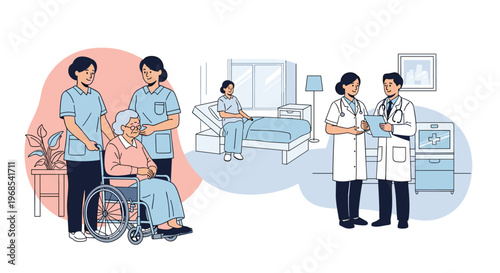 Healthcare scenes showing elderly patients receiving medical care and support from nurses and professional doctors.