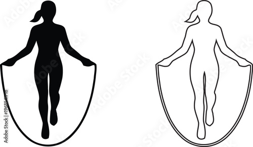 Woman Jumping Rope Exercise Silhouette and Outline Icon Set for Cardio Fitness Training Skipping Workout Instruction and Healthy Lifestyle Graphic Design