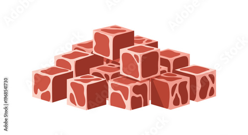 An irregular pile of approximately fifteen raw red meat cubes is stacked on a clean white background.