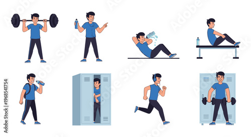 Set of icons showing a man engaged in various fitness activities at the gym including lifting weights and running.