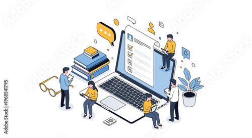 People working together to fill out an online survey or registration form on a large laptop screen in isometric style.