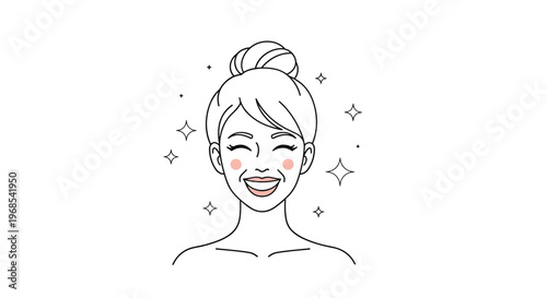 Line art illustration of a happy woman with a messy bun smiling brightly surrounded by shining stars and sparkles for beauty concepts.