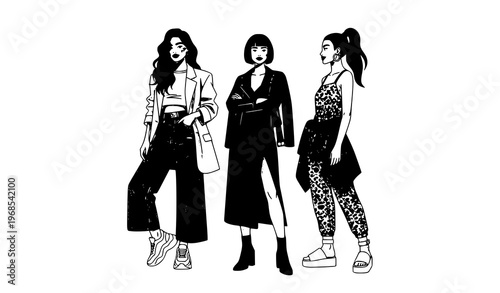 Three Fashionable Women Illustration – Modern Stylish Female Characters Vector