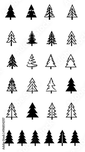 Collection of Christmas-style evergreen trees in various styles solid, outlined, and patterned