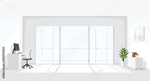 A bright modern office room features a white desk, computer, and chair, with large glass folding doors opening to a balcony.