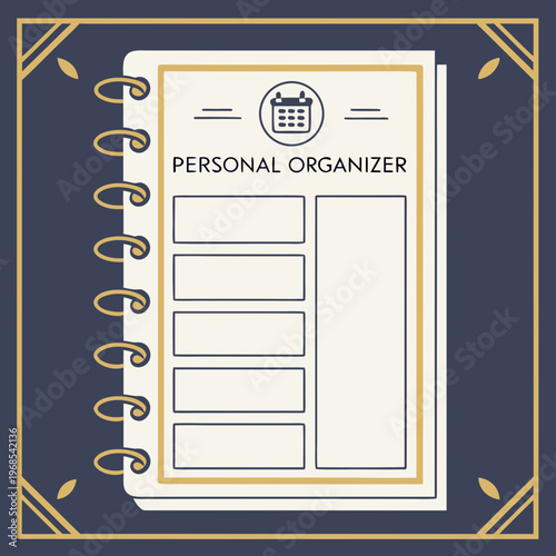 Personal organizer notebook with gold accents spiral bound white background