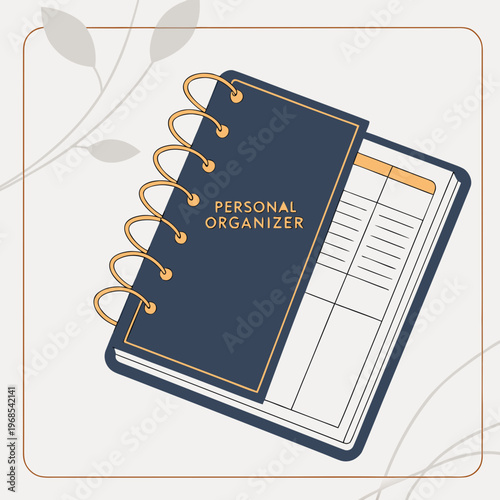 Closed personal organizer notebook with gold rings white background