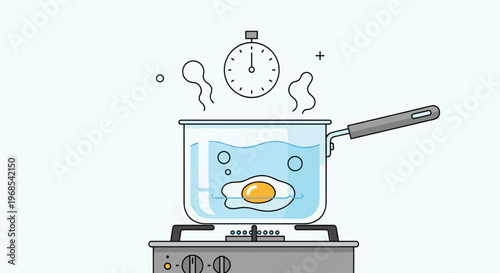 Cooking illustration showing an egg being poached in a pot of boiling water on a gas stove with a kitchen timer.