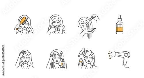 Set of icons demonstrating a comprehensive hair care routine including brushing, applying oil, using serum, and blow drying.