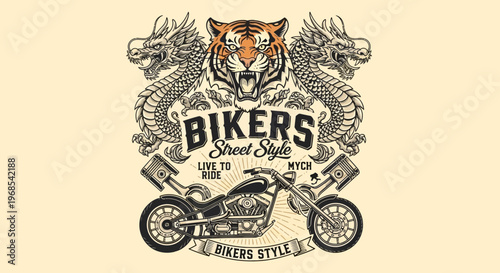Vintage Biker Street Style Emblem with Roaring Tiger, Asian Dragons, and Custom Chopper Motorcycle - Vector Illustration