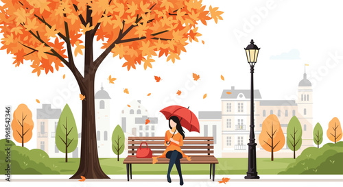 Elegant woman sitting on a wooden bench under a large orange maple tree in a city park during the autumn season.