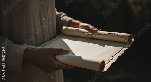 Unraveling the past a person's hands delicately hold an antique rolled document in nature
