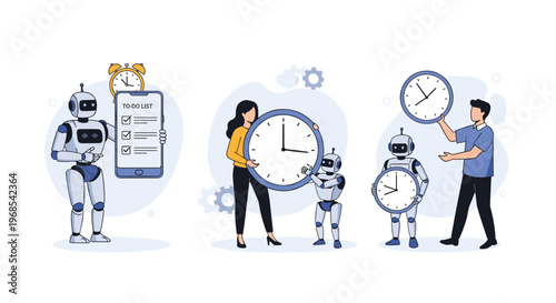 Group of people and robots working together to manage time and tasks with large clocks and a digital to do list on a phone.