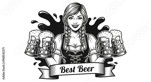 Vintage Oktoberfest Bavarian Woman Illustration Holding Beer Mugs, Retro Black and White Vector Emblem for Brewery and Pub