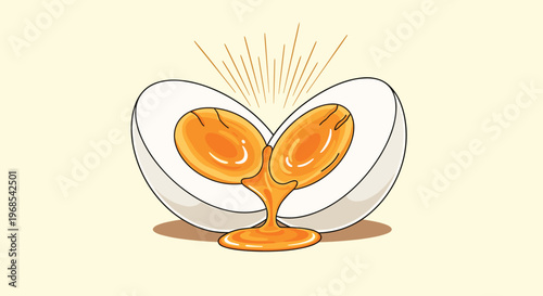 Detailed illustration of a soft boiled egg cut in half with a bright orange runny yolk flowing out on a light background.