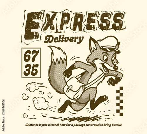 Vector illustration distortion artwork of a vintage cartoon fox running fast to deliver a package for t-shirt print design template