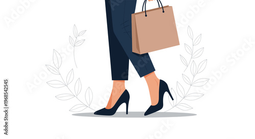 Close up of a woman's legs in high heels and trousers walking with a brown paper shopping bag framed by leaf branches.