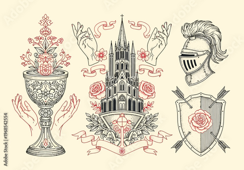 Medieval Gothic Illustration Set with Knight Helmet, Holy Grail, Cathedral, and Heraldic Shield - Vintage Line Art Design