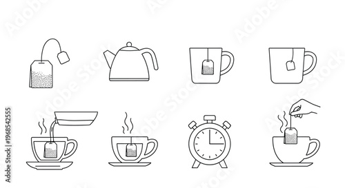 Sequential line icons showing the process of making tea from using a tea bag and kettle to steeping and serving.