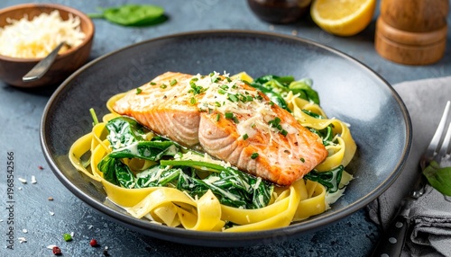 Salmon with Spinach and Pasta - A Delicious and Healthy Meal.