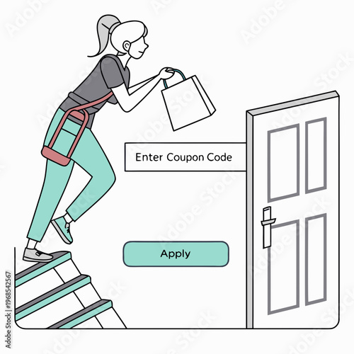 Woman entering coupon code on a doorstep shopping
