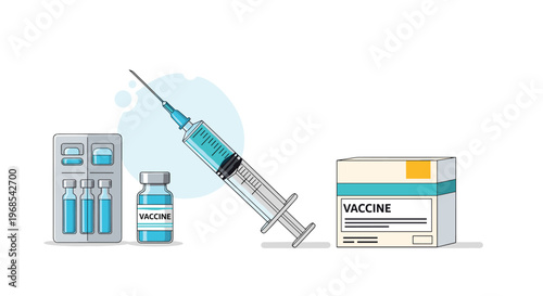 Comprehensive medical illustration featuring a syringe, vaccine vials, and a medicine box for immunization and health protection.