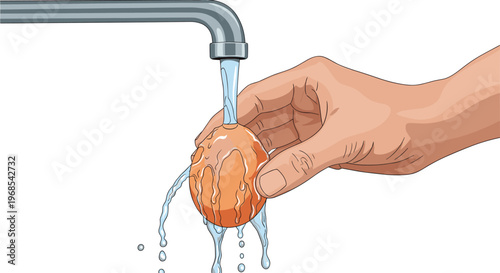 Realistic illustration of a person's hand washing a brown chicken egg under a stream of running water from a kitchen faucet.