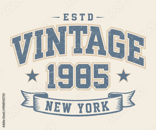 Vintage 1985 New York Athletic Illustration - Retro Est. 1985 NYC Collegiate Varsity Style Graphic with Ribbon and Stars - Classic Heritage Sports Apparel T-Shirt Design Art