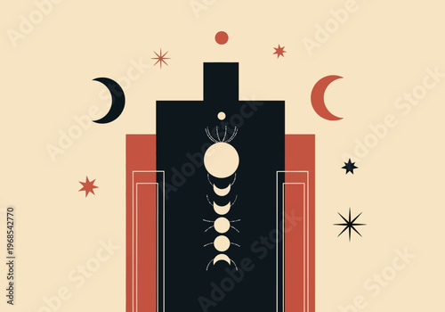 Abstract Mystic Moon Phases Illustration, Mid Century Modern Celestial Wall Art Decor, Esoteric Geometric Astrology Poster Design with Crescent Moons and Stars