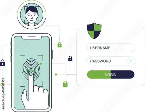 biometric, security, authentication, fingerprint, login, mobile, smartphone, access, protection, digital, identity, verification, cyber, privacy, technology, system, interface, vector, illustration, d