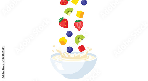 Various fresh fruits including strawberries, blueberries, kiwi, and mango are falling into a white bowl of creamy liquid creating a splash against a white background.