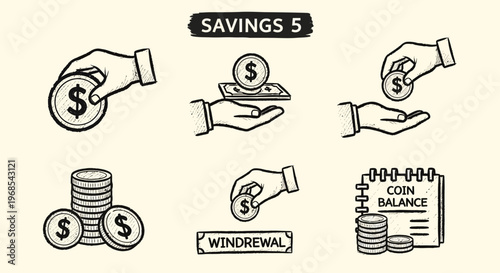 Hand drawn savings and withdrawal concept with coins cash and coin balance notebook.