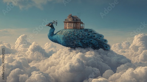 Majestic Peacock in the Clouds: A whimsical scene unfolds as a majestic peacock, its iridescent plumage shimmering against the blue sky, carries a quaint house amidst fluffy white clouds.