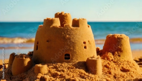 Sandcastle on the beach with ocean backdrop in summer.