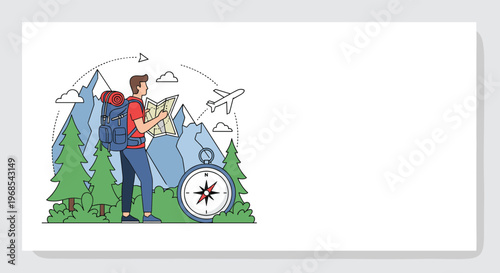 Adventure concept featuring a male hiker with a backpack and map standing in a mountain landscape with a large compass.